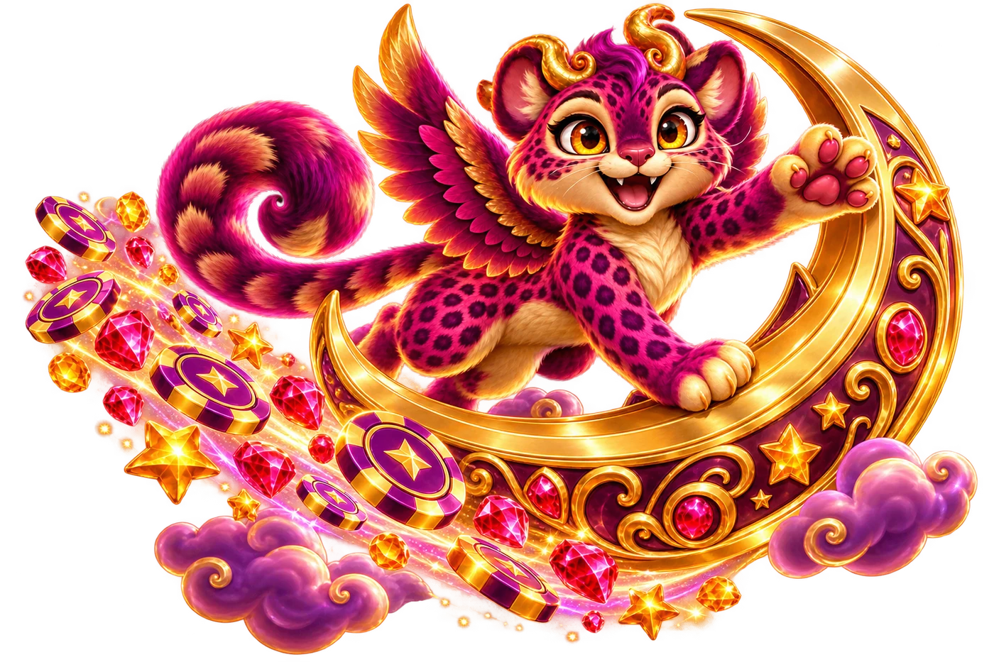 Our winged plum fantasy leopard, flying on a golden crescent moon through a trail of colourful chips, gems and sculpted clouds